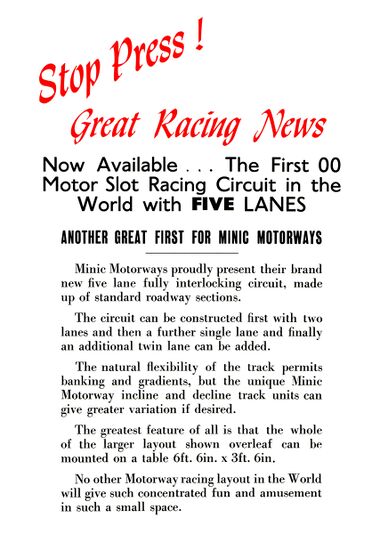 Minic Motorways 5-lane raceways leaflet, front