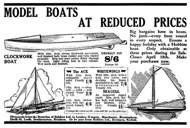 1931: "Model boats at reduced prices", including the Clockwork Boat, 22-inch deck