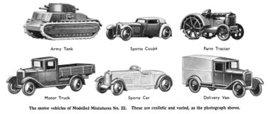 Illustration from a Meccano Magazine advert introducing some of the new Modelled Miniatures. The letter identifications for set No.22 are absent from the text and the images