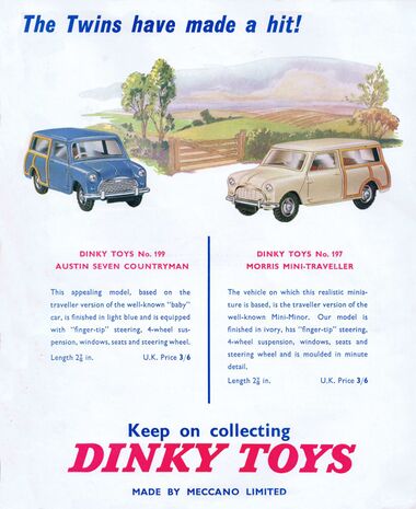 1961 advert for No.197 Morris Mini-Traveller and No.199 Austin Seven Countryman