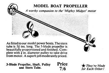 1958: Hobbies model boat propeller and drive shaft designed for the Mighty Midget Motor
