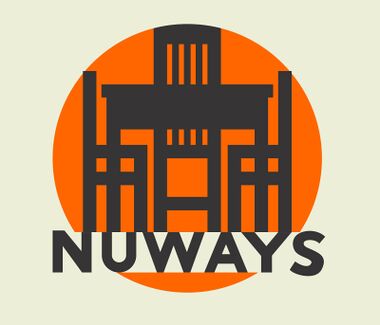 Logo for the Bassett-Lowke NUWAYS range of dollhouse furniture, showing a silhouette of three Charles Rennie Mackintosh-styled chairs and table against a slightly oriental-looking orange disc. The image above has been redrawn and "cleaned up" from the original version