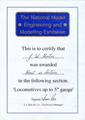 National Engineering and Modelling Exhibition, award certificate, "Best in Section", "Locomotives up to 5" gauge"