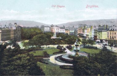 ~1905-1908: Colorised aerial photograph of Old Steine. Where's George? This image suggests that the statue may have been moved before WW1