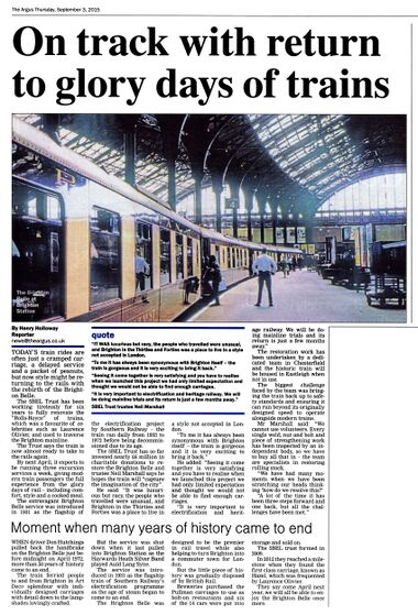 2015: "On track with return to glory days of trains", article on the 5BEL Trust with accompanying photograph of the Brighton Belle in Brighton Station, The Argus