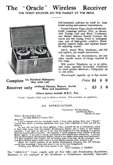 1924: The "Oracle" wireless receiver, made by Bassett-Lowke's manufacturing arm, Winteringham Ltd.