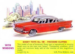 Dinky Toys Packard Clipper, prelaunch for October 1958. Dinky respond to the "Corgi" threat with two-tone paintwork - and WITH WINDOWS (!)