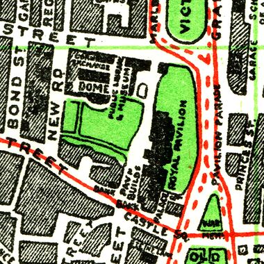 1939: Map showing the Pavilion Estate, with a hard path running past the Pavilion, directly linking Pavilion Buildings with the North Gate. This was replaced with the current more ornamental, circuitous route when the gardens were replanted and restored to the original masterplan.