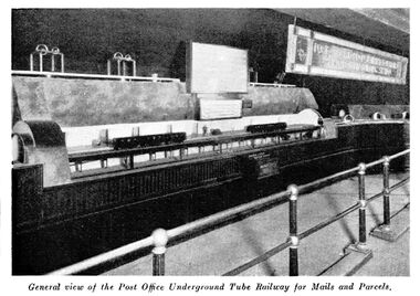 1924: A "model railway" model of part of the Post Office's dedicated miniature underground railway system for moving mail and parcels between PO sites, below the streets of London. This model was displayed at the British Empire Exhibition at Wembley in 1924