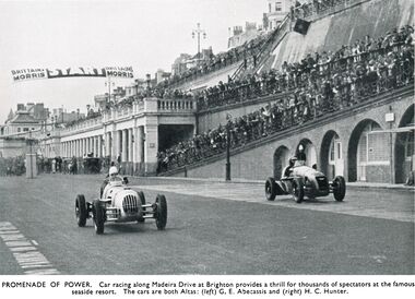 1938: "PROMENADE OF POWER. Car racing along Madeira Drive at Brighton provides a thrill for thousands of spectators at the famous seaside resort. The cars are both Altas: (left) G. E. Abecassis and (right) H. C. Hunter."