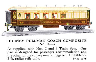 Hornby No.2/3 Pullman "composite" coach, 1928 catalogue image