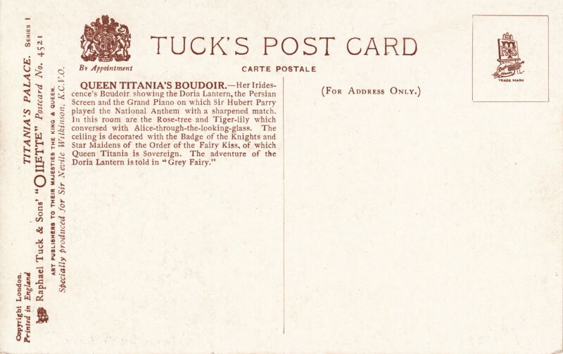 File:Queen Titania's Boudoir, Titanias Palace postcard 4521-3, rear (Raphael Tuck).jpg