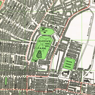 1939: Map of Queens Park, Brighton, showing the green area to the North of the park as being the grounds of the Xaverian College