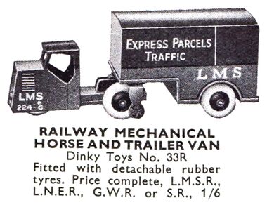 1936: Dinky Toys 33R Mechanical Horse and Trailer combinations available with markings for all the major railway companies