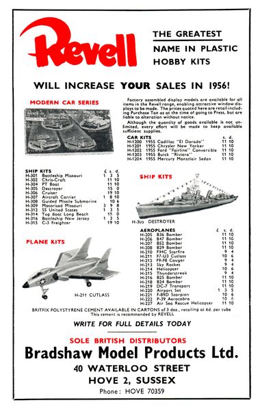 1956: Revell advert, By Bradshaw Model Products, the then-distributor.
