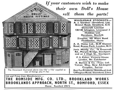 1956: "If your customers wish to make their own Doll's House, sell them the parts!" An advertisement for Romside Dolls' House Fittings, from one of the companies producing dollhouse kit parts
