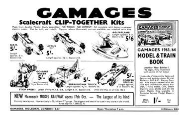 1963: Advert for Scalecraft plastic snap-together kits, Gamages