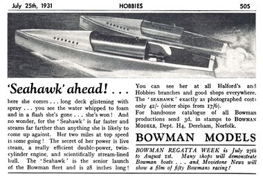1931: Seahawk Steam Speedboat, Hobbies Weekly, 25 July 1931