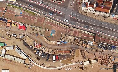 ~2014-2016: Aerial/satellite view of Shelter Hall, Brighton, and the two flanking stairways, courtesy of Google Maps. The image shows the road-rerouting that took place after the 2014 structural failure under the roadway, but doesn't yet show the subsequent cordoning off and demolition of the rotunda, that happened in around 2016-2017-ish.