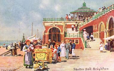 "Shelter Hall Brighton", postcard artwork by Clem Lambert (1855-1925)