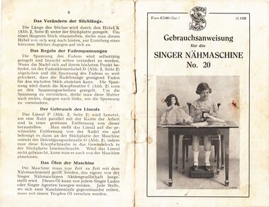 1928: Singer Model 20 instructions manual, front and back, German language version ("Gebrauchsanweisung für die Singer Nähmaschine No.20", "Form K3480 (Ger.)" / "11.1928")