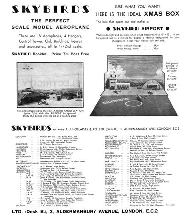 1933: Skybirds, and "Skybirds Airport". "Well made, portable, when closed measures 36" × 10" × 10". It can be opened out in a minute for display – a realistic background for your photographs – keeps your models safe and tidy."
