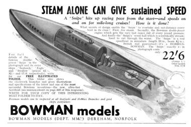 1931: Advert for Bowman's "Snipe" steam speedboat