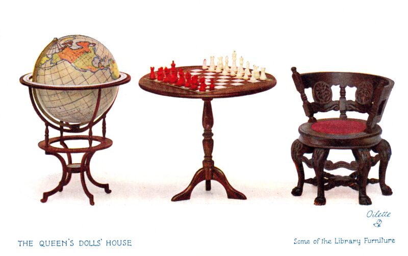 File:Some of the Library Furniture, The Queens Dolls House postcards (Raphael Tuck 4501-6).jpg
