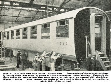 caption: SPECIAL COACHES were built for the "Silver Jubilee." Streamlining of the train was achieved by linking coach with coach by panels of aluminium-finished rubber sheeting. Externally the coach bodies are panelled with steel sheets which, in their turn, are covered with aluminium-finished " Rexine." Also, between the bogies of each vehicle there is a skirting reaching to within 10 in. of the rail level.