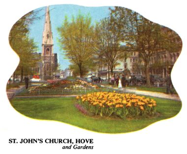 ~1961: St. Johns Church and gardens, Hove, looking West. The central lump is probably the Floral Clock seen from the side.