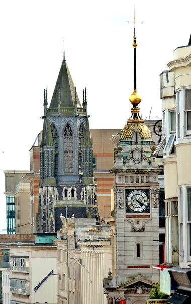 View from the bottom of Queens Road, past the Jubilee Clock Tower and St Paul's Church, towards the sea