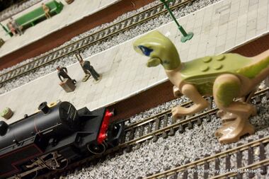 Steam locomotive and dinosaur
