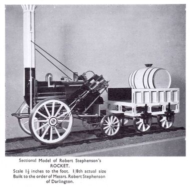 1937: A sectional model of Stephenson's Rocket locomotive, by Bassett-Lowke for Robert Stephenson of Darlington