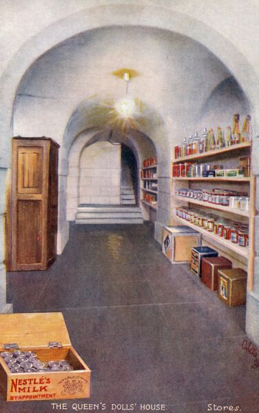 File:Stores in Cellar, The Queens Dolls House postcards (Raphael Tuck 4505-6).jpg