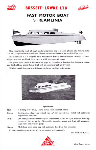 ~1955: Streamlinia, steam-powered. Page from an orange Bassett-Lowke "Shipping and Engineering" catalogue identified as 1955