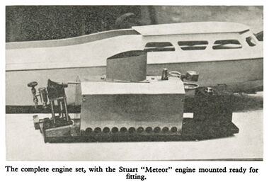 1937: Stuart Meteor engine waiting to be fitted to a Bassett-Lowke Streamlinea boat. From an article in Hobbies Annual.