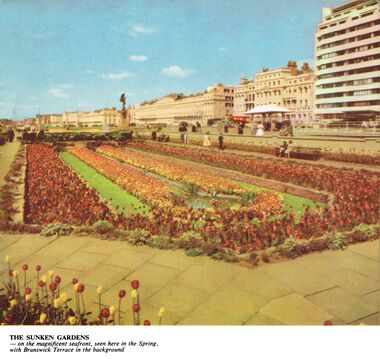 ~1961: "THE SUNKEN GARDENS – on the magnificent seafront, seen here in the Spring, with Brunswick Terrace in the background."