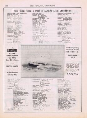 1931: Sutcliffe Steel Boats stockist list, full-page advert, Meccano Magazine