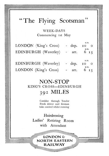 1928: Timetable for the new non-stop service, with onboard hairdresser and "Ladies' Retiring Room"