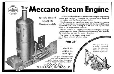 1935 advert: "The Meccano Steam Engine", photographed engine without embossing