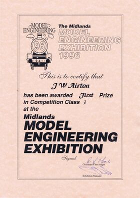 1996: First Prize in Competition Class 3 at The Midlands Model Engineering Exhibition