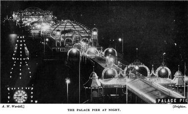 1920s: Palace Pier and Aquarium Clock, by Night