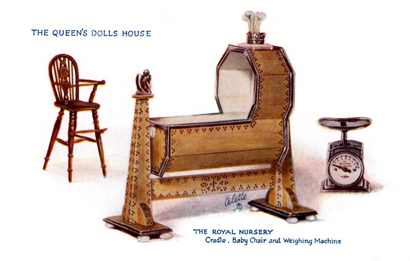 File:The Royal Nursery - Cradle, Baby Chair and Weighing Machine, The Queens Dolls House postcards (Raphael Tuck 4504-2).jpg