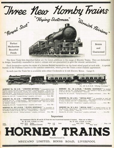 1927: Hornby advert, with the Cornish Riviera Express rubbing shoulders with the Royal Scot and Flying Scotsman