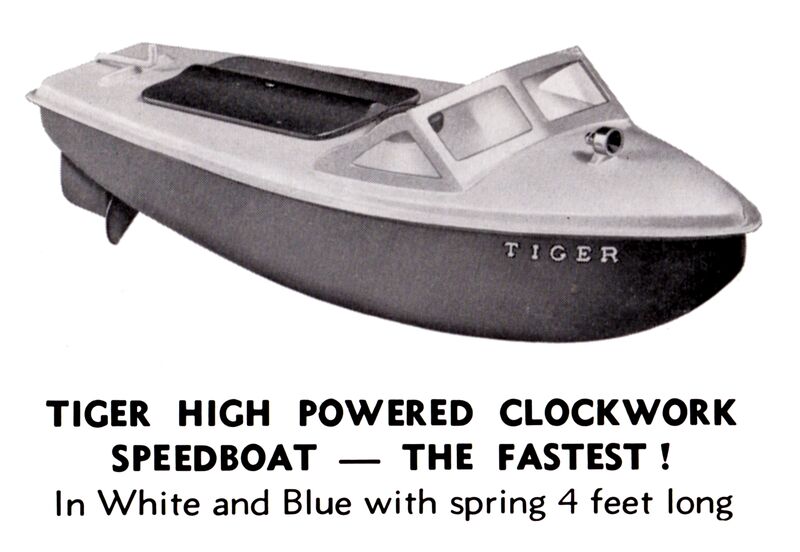 File:Tiger High-Powered Clockwork Speedboat, blue and white, Sutcliffe (SuttCat 1973).jpg