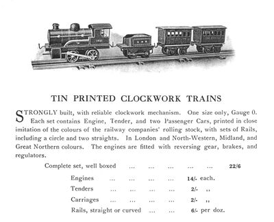 Full-page catalogue description, possibly from 1920. Note the distinctive crescent-shaped holes above each wheel, a feature that originated on the Bing designs, and persisted on the MLDL George the Fifth, Hornby No.00 and early Hormby M3 locos.