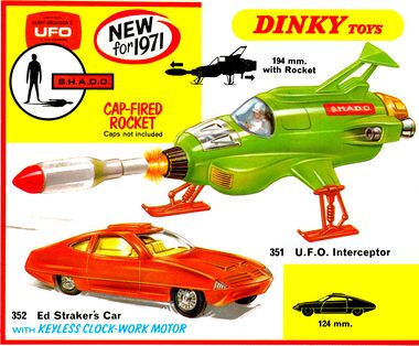 "New for 1971": Dinky 351 "UFO Interceptor", and Dinky 352 "Ed Straker's Car"