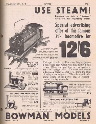 1932: "USE STEAM!", Bowman Models range, Hobbies magazine
