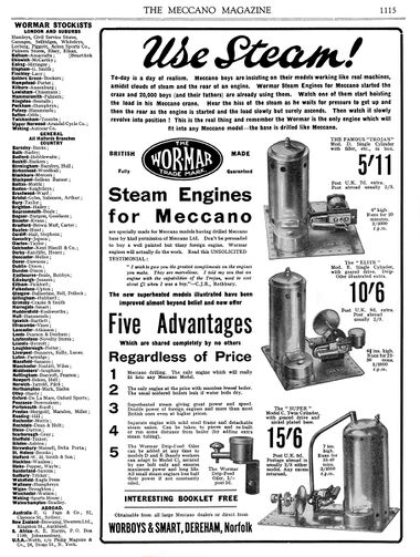 1927: "Use Steam! Wormar Steam Engines for Meccano"