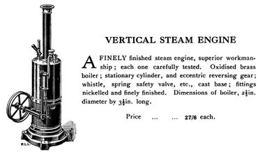 The original Meccano Vertical Steam Engine, probably made for Meccano Ltd. by Bing. This picture is from an undated Meccano catalogue with a date thought to be circa ~1920. Note the M.L.L. legend to the bottom left of the illustration (signifying "Meccano Limited, Liverpool")